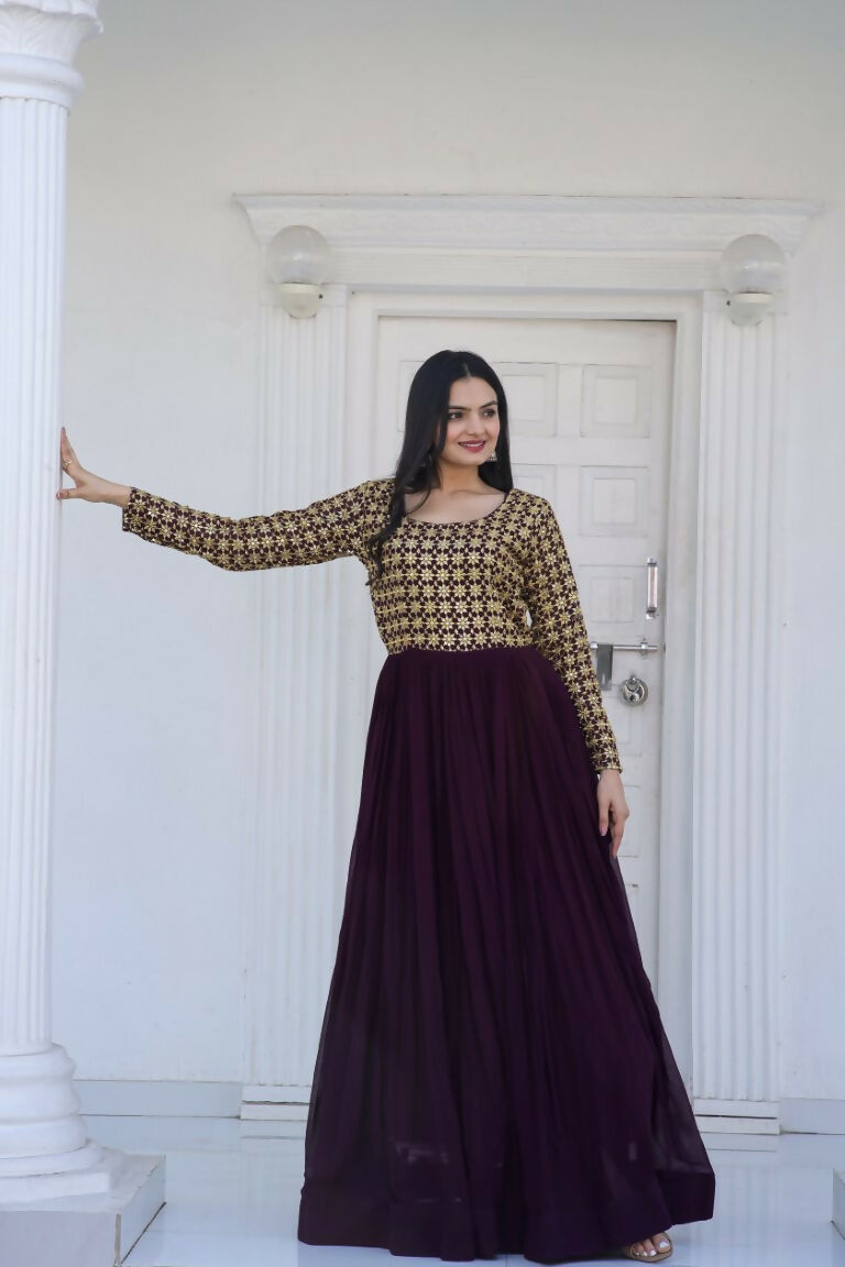 Jyoti Fashion Women's Wine Sequence Zari Embroidered Faux Blooming Anarkali Dress