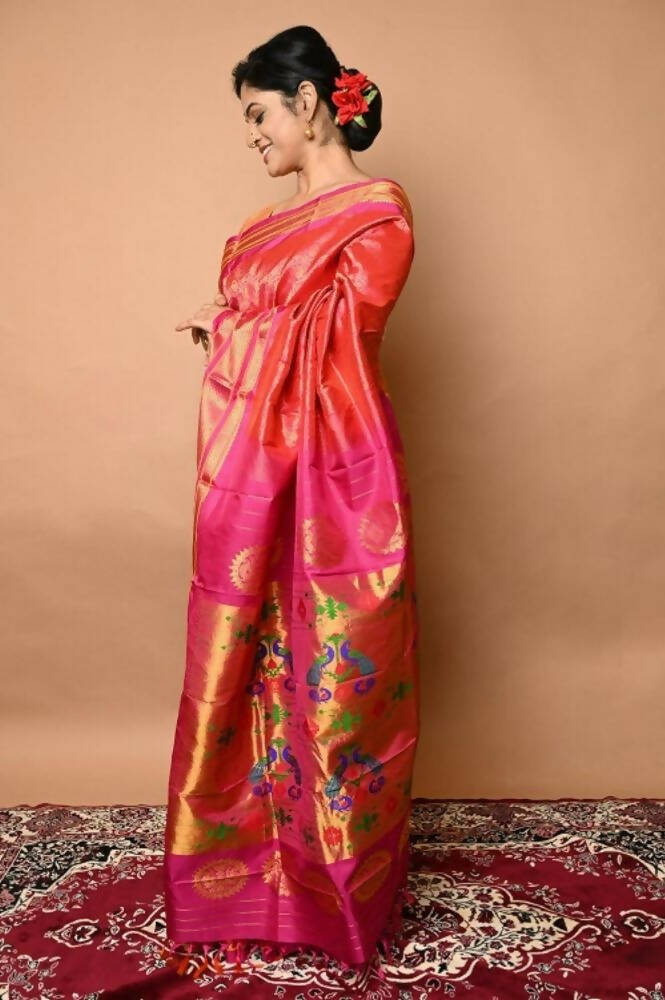 Very Much Indian Silk Handloom Maharani Paithani Complete Brocade Work Throughout Saree Peach Pink