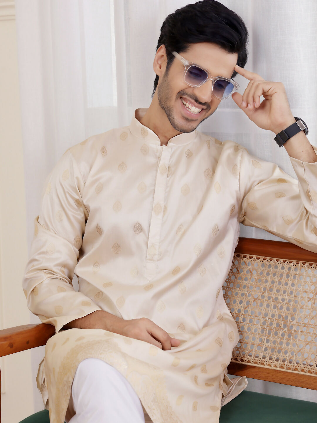 Off white Viscose Woven Jacquard Work Men's Rajwadi Kurta Set - Mahotsav