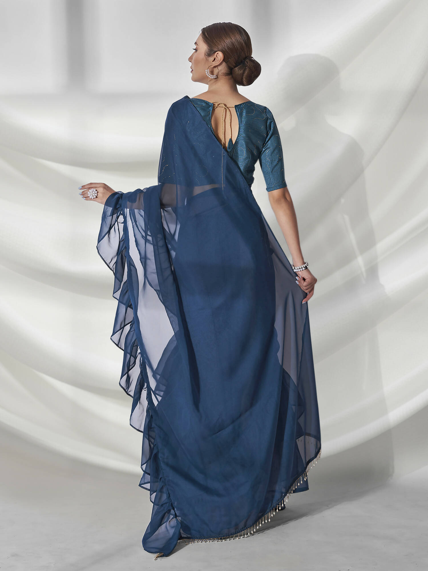 Teal Organza Solid Saree With Unstitched Blouse Piece - Shanaya