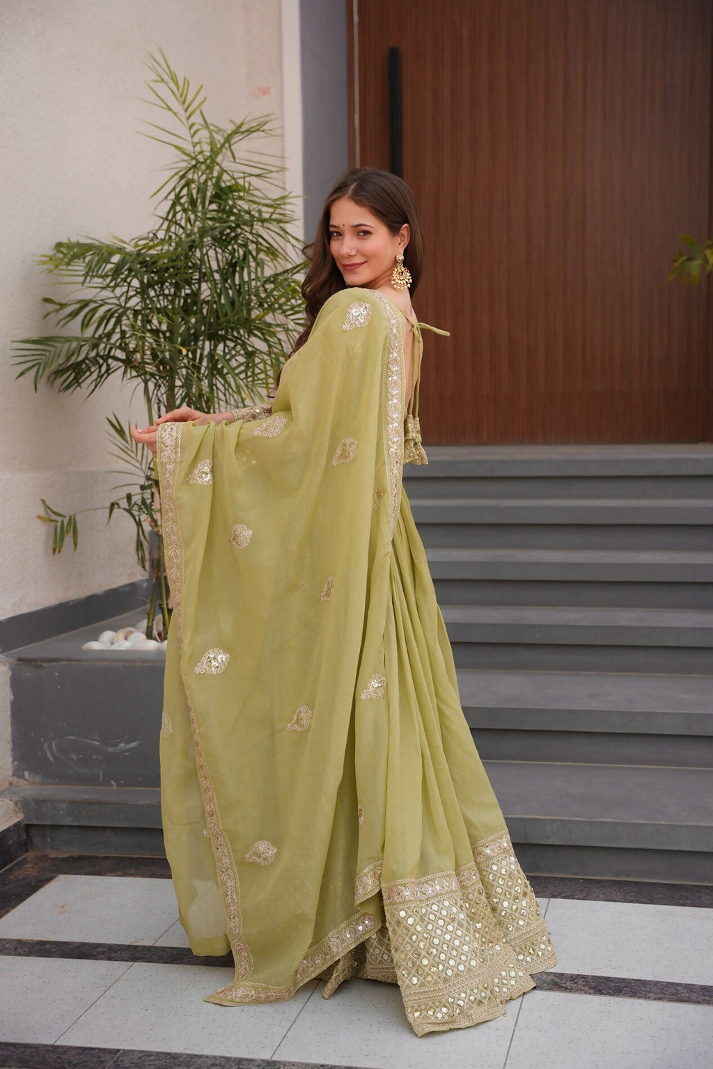 Teeya Creation Olive Color Crunchy Silk Wedding Wear Embroidery Work Long Gown