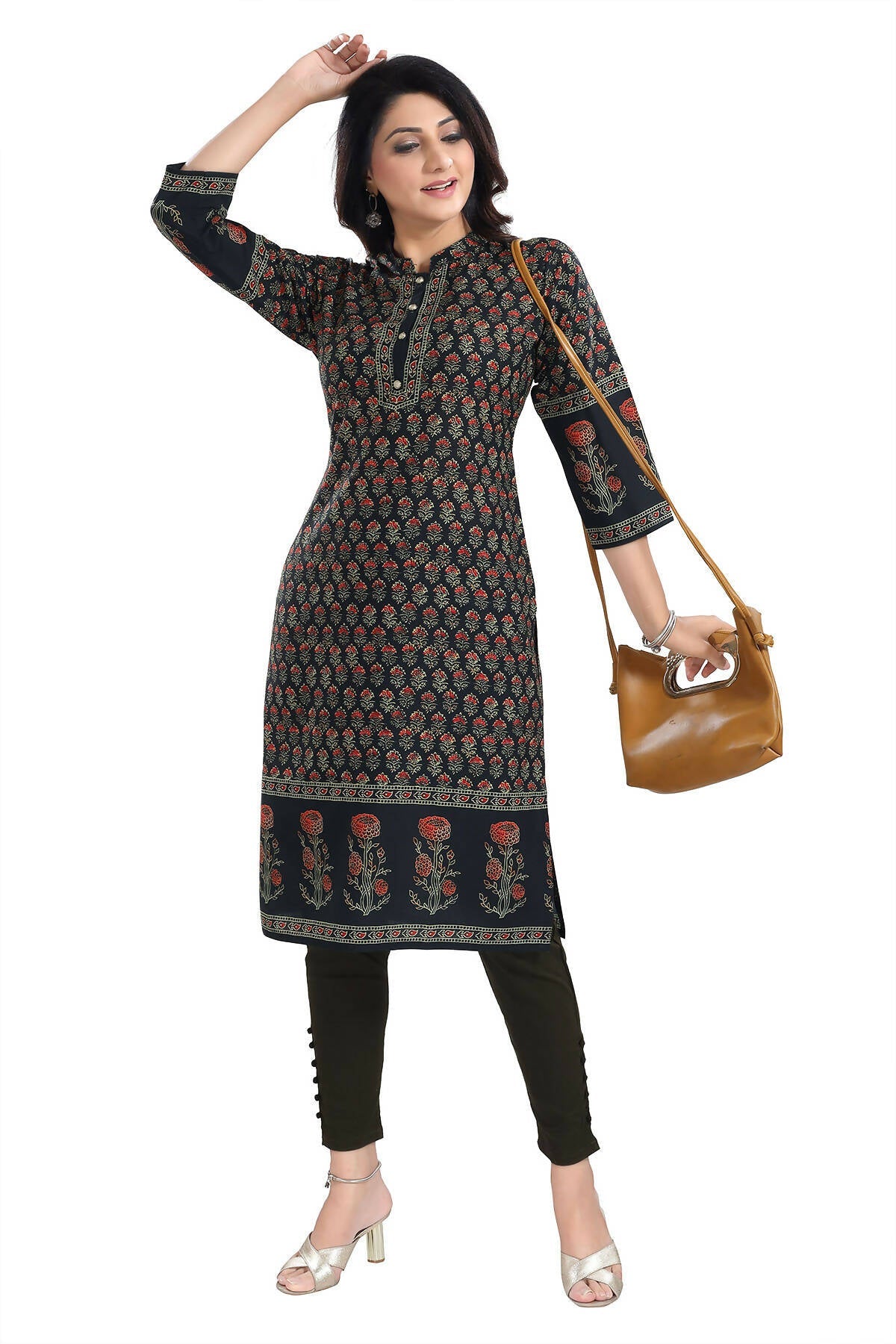 Snehal Creations Breathtaking Black Designer Digital Print Cotton Slub Fabric Long Kurti Tunic