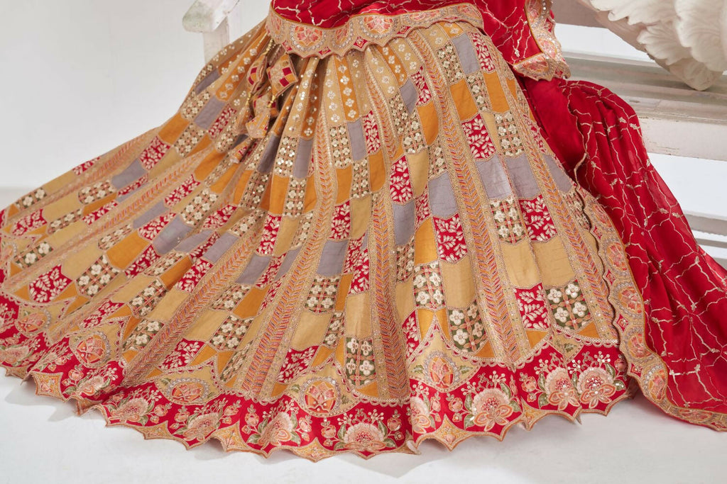 Kesar Fab Mustard Net Embroidered Lehenga
