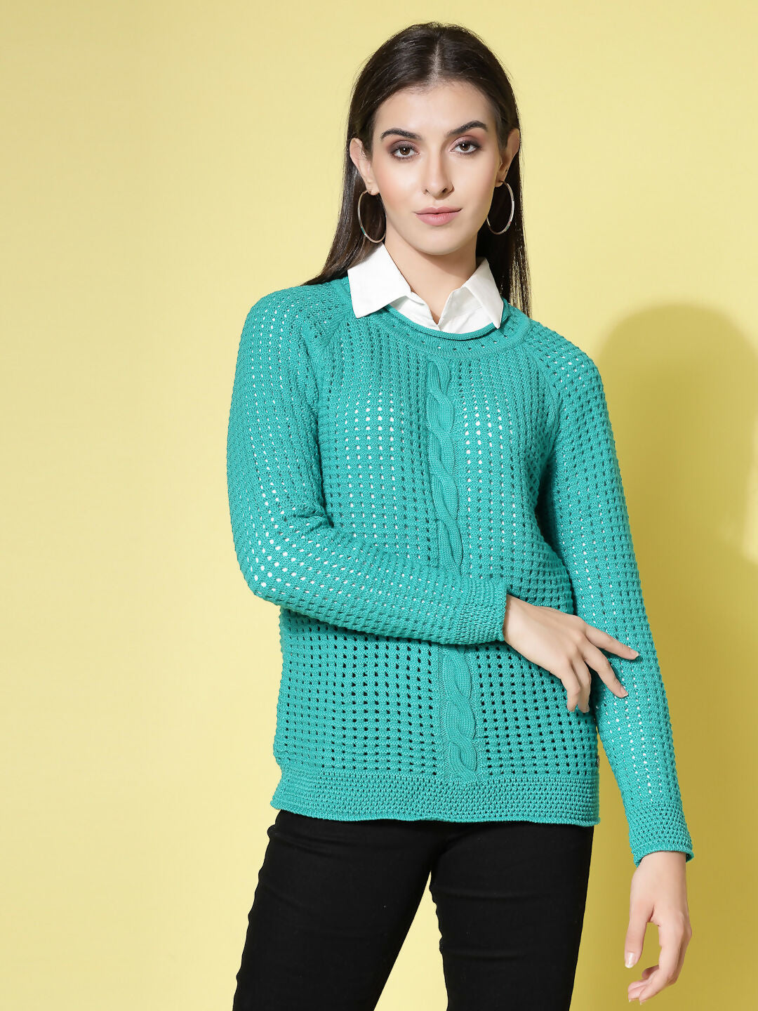 Women Pointelle Green Acrylic Winter Sweater - Wool Trees