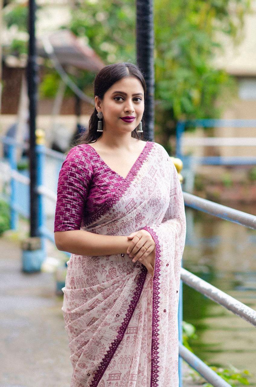 Purple Pure Georgette Warli Saree with Unstitched Blouse - A2M