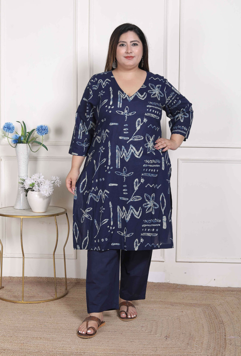 Miravan Women's Plus Size Abstract Printed Cotton Blue Kurta Set