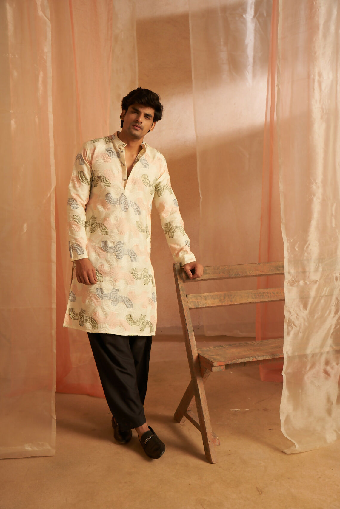 Cream Linen Designer Embroidery Work Men's Kurta Set - Mahotsav