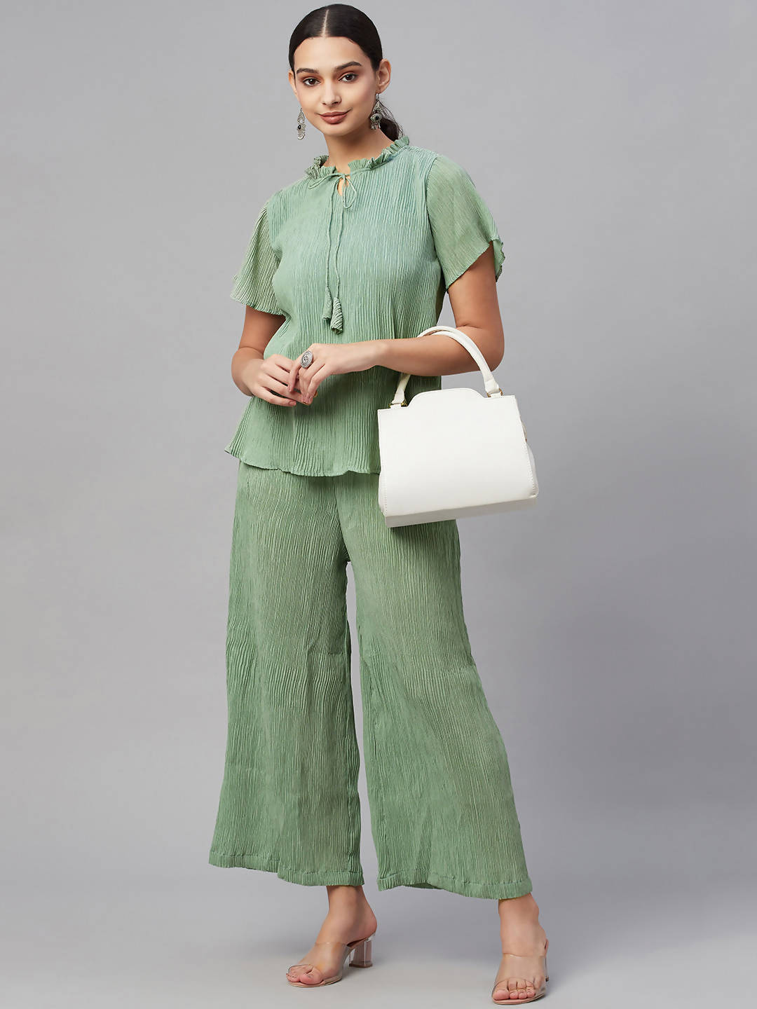 Myshka Women Green Chiffon Round Neck Top Palazzo Set