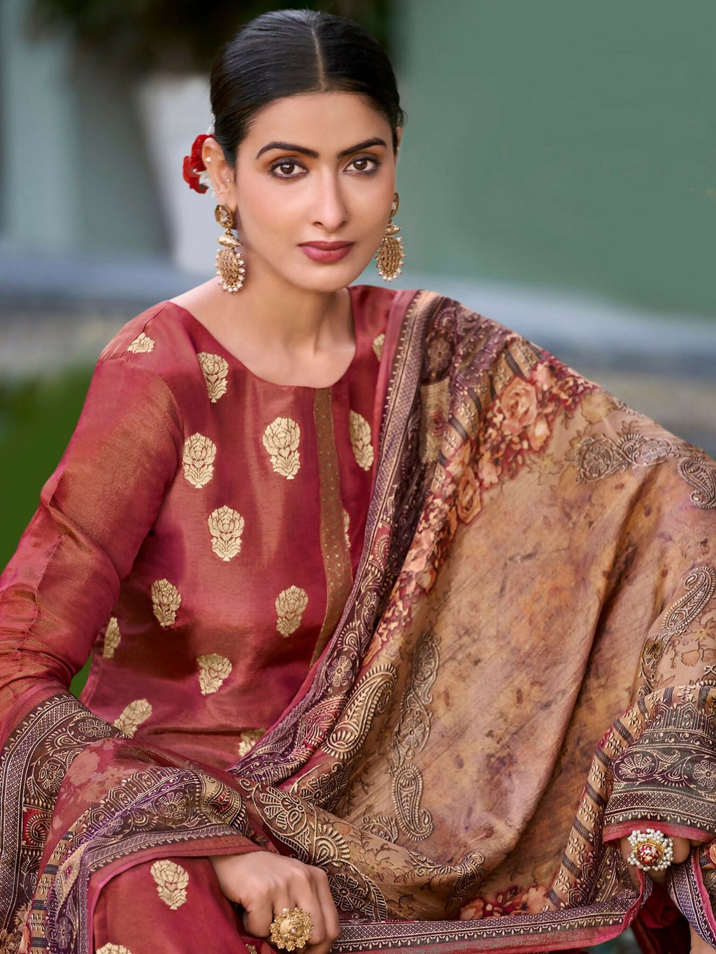 Jyoti Fashion Women's Maroon Pure Silk Elegant Jacquard Woven Kurta with Trouser & Dupatta