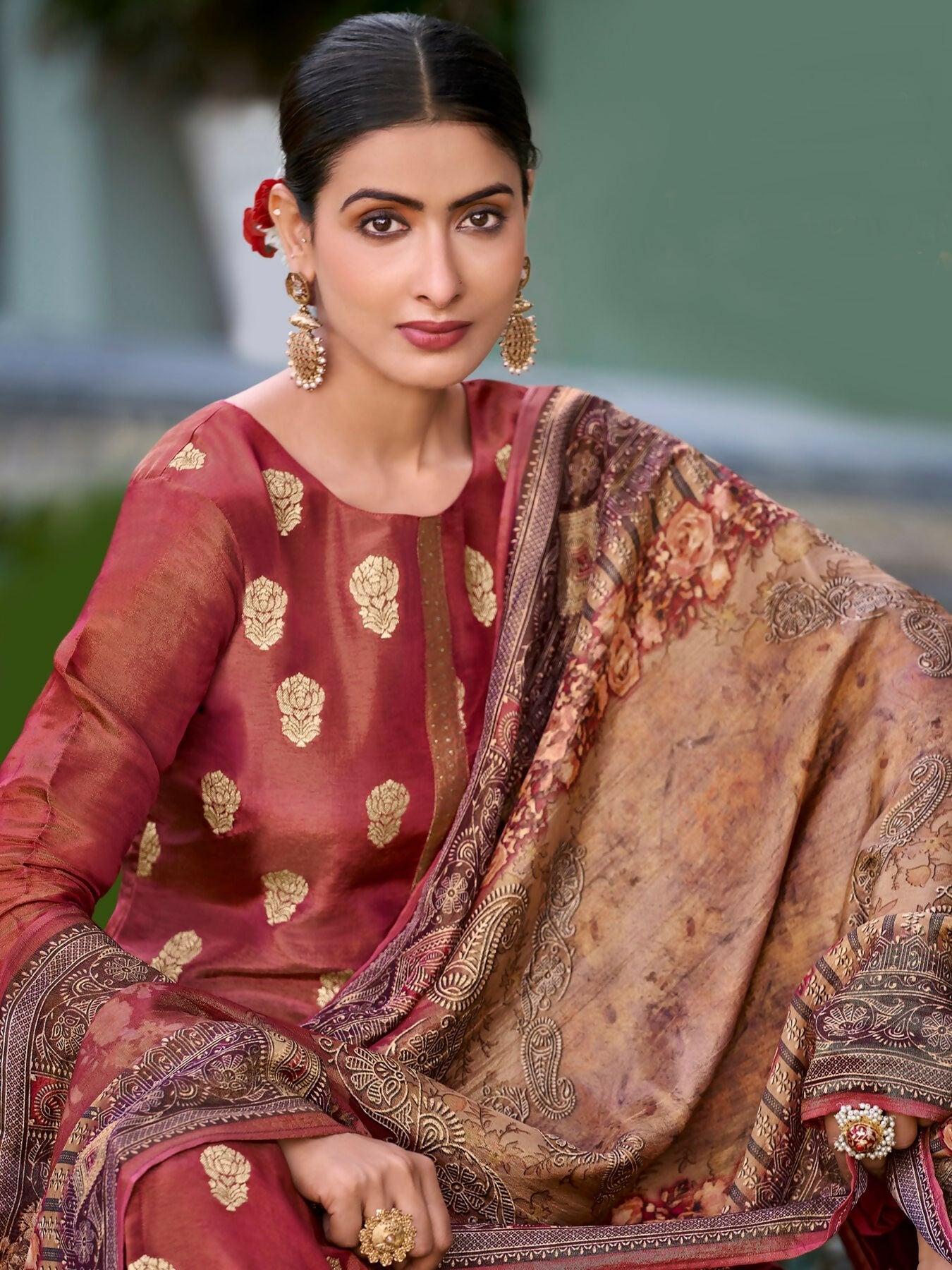 Jyoti Fashion Women's Maroon Pure Silk Elegant Jacquard Woven Kurta with Trouser & Dupatta