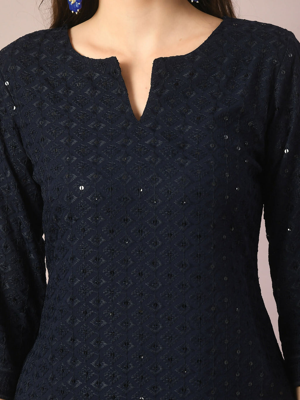 Myshka Women's Navy Blue Embroidered Cotton Straight Party Kurta Set With Dupatta