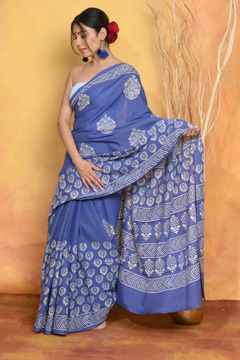 Very Much Indian Pure Cotton Handblock Printed Saree - Blue