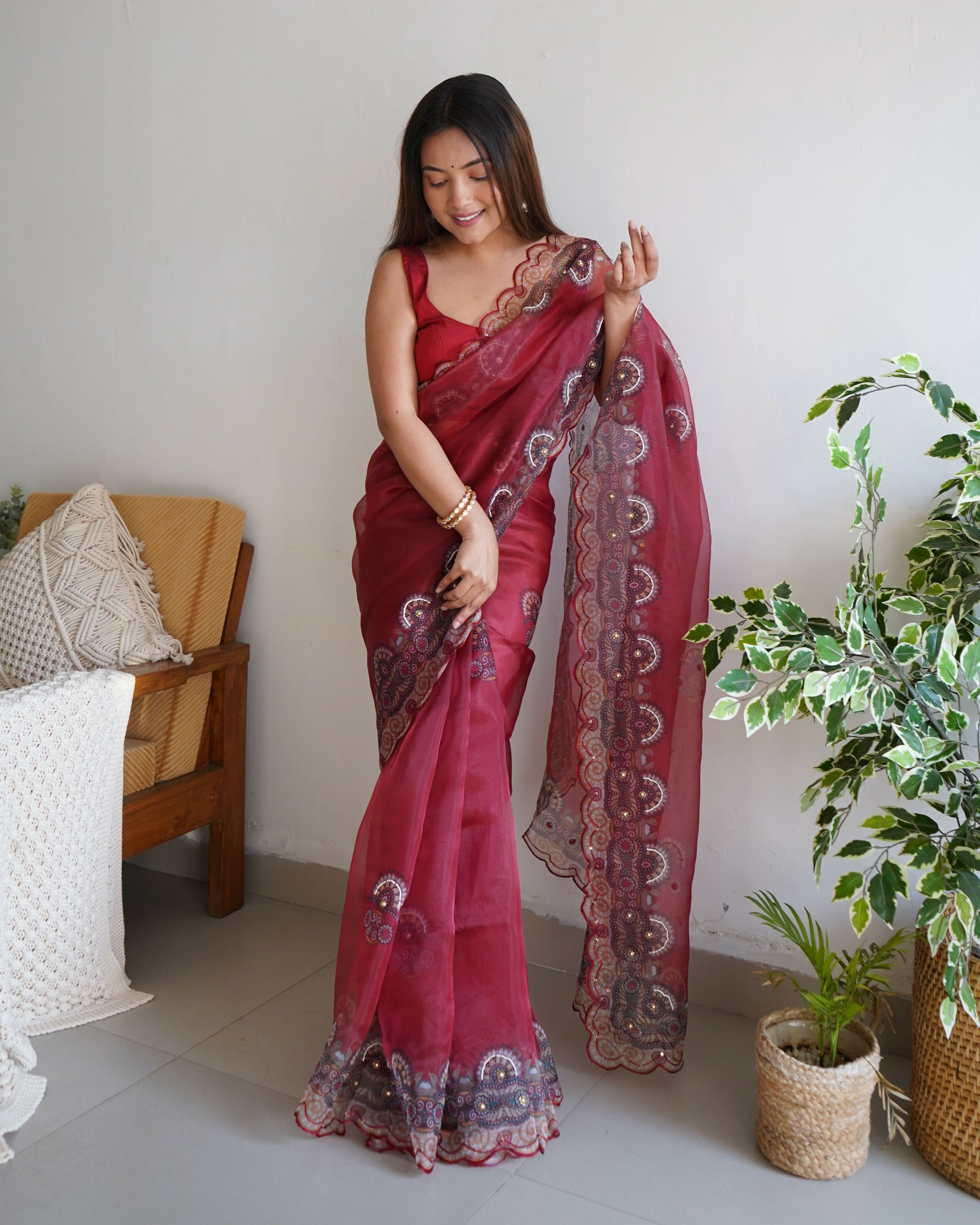 Vamsee Shivika Maroon Organza Saree