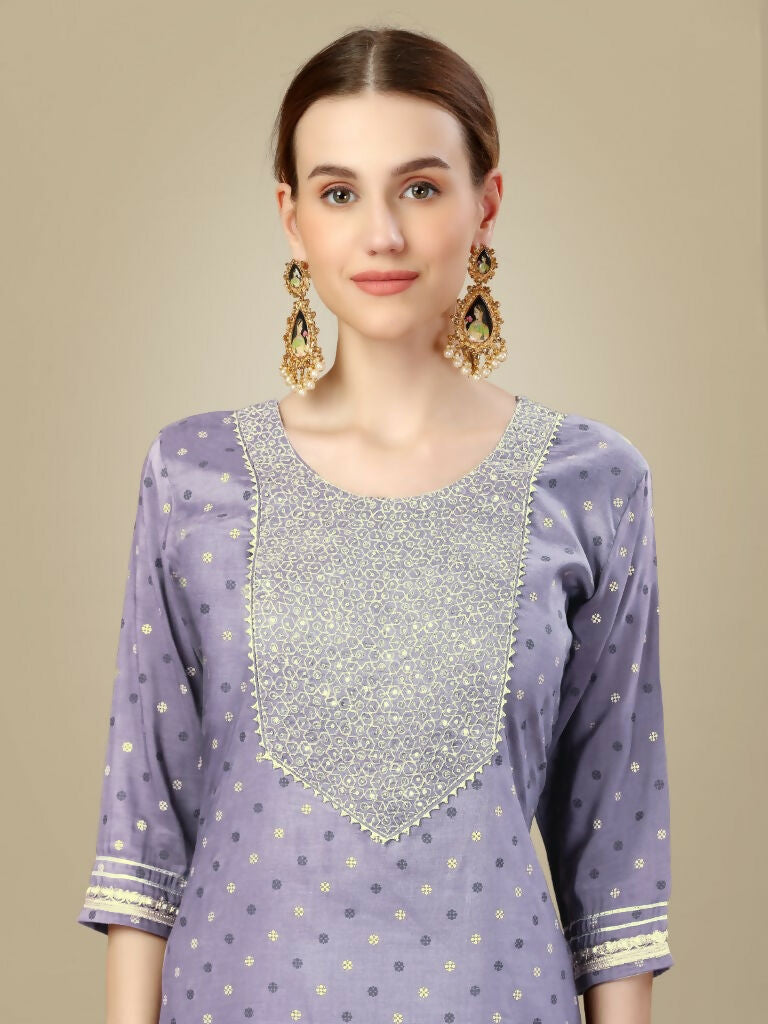 Jyoti Fashion Women's Lavender Silk Blend Embroidery & Sequence work Kurta with Trouser & Dupatta