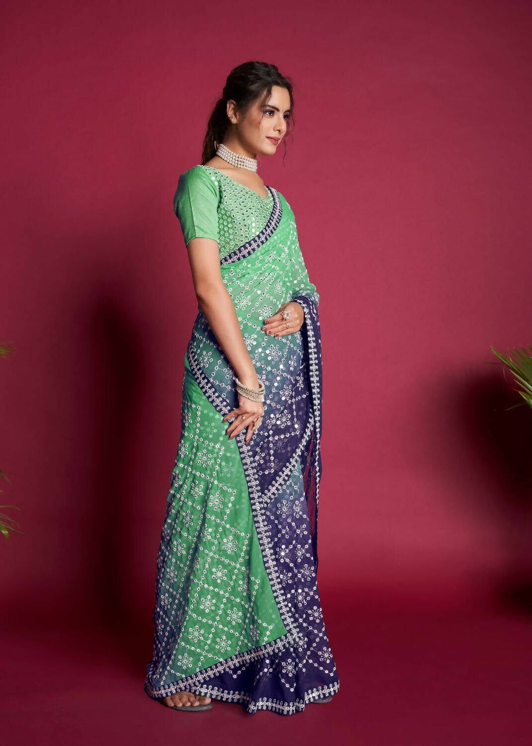 Vamsee Green And Blue Georgette Designer Saree