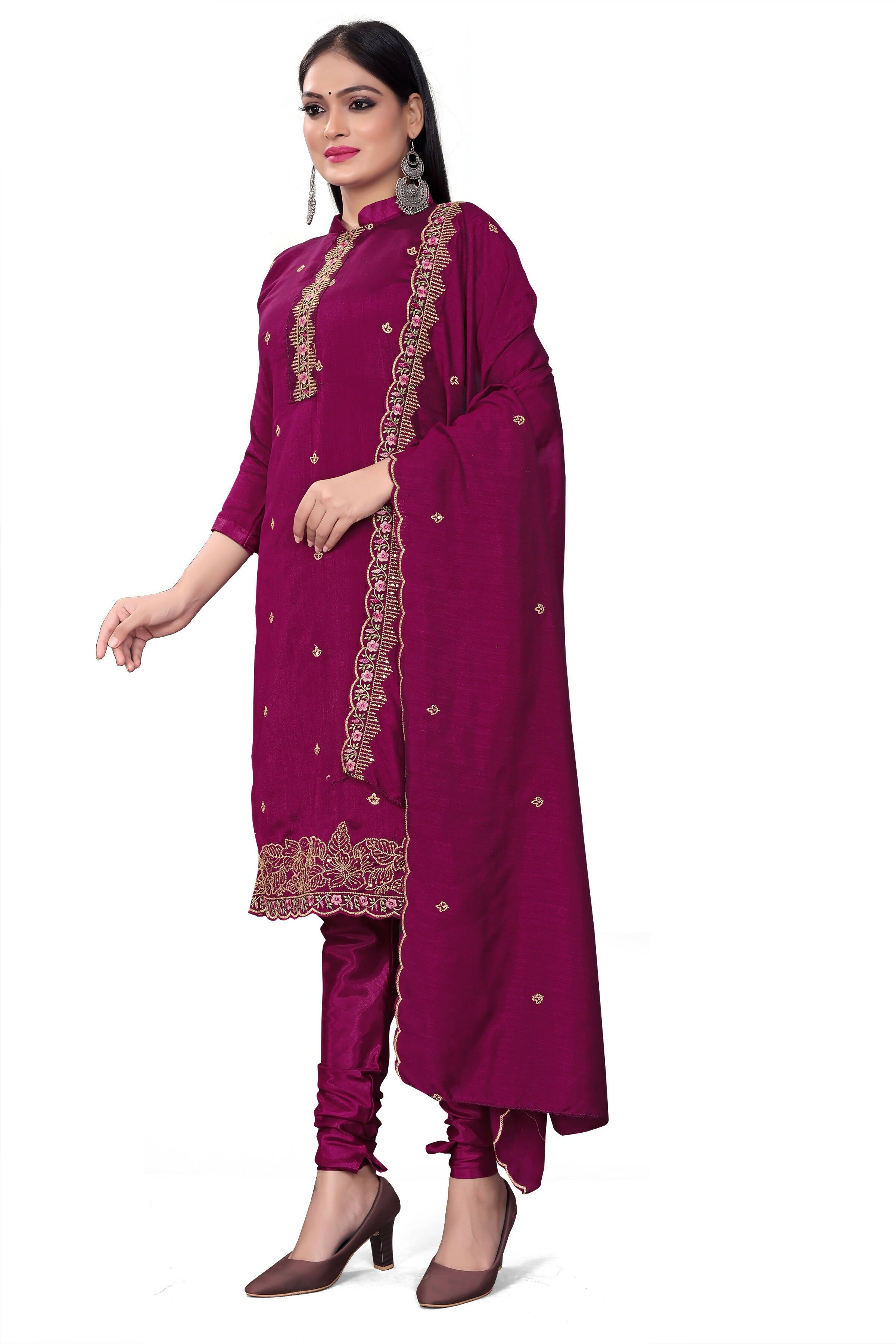 Purple Silk Embroidered with Sequins work Unstitched Dress Material - Tanvi