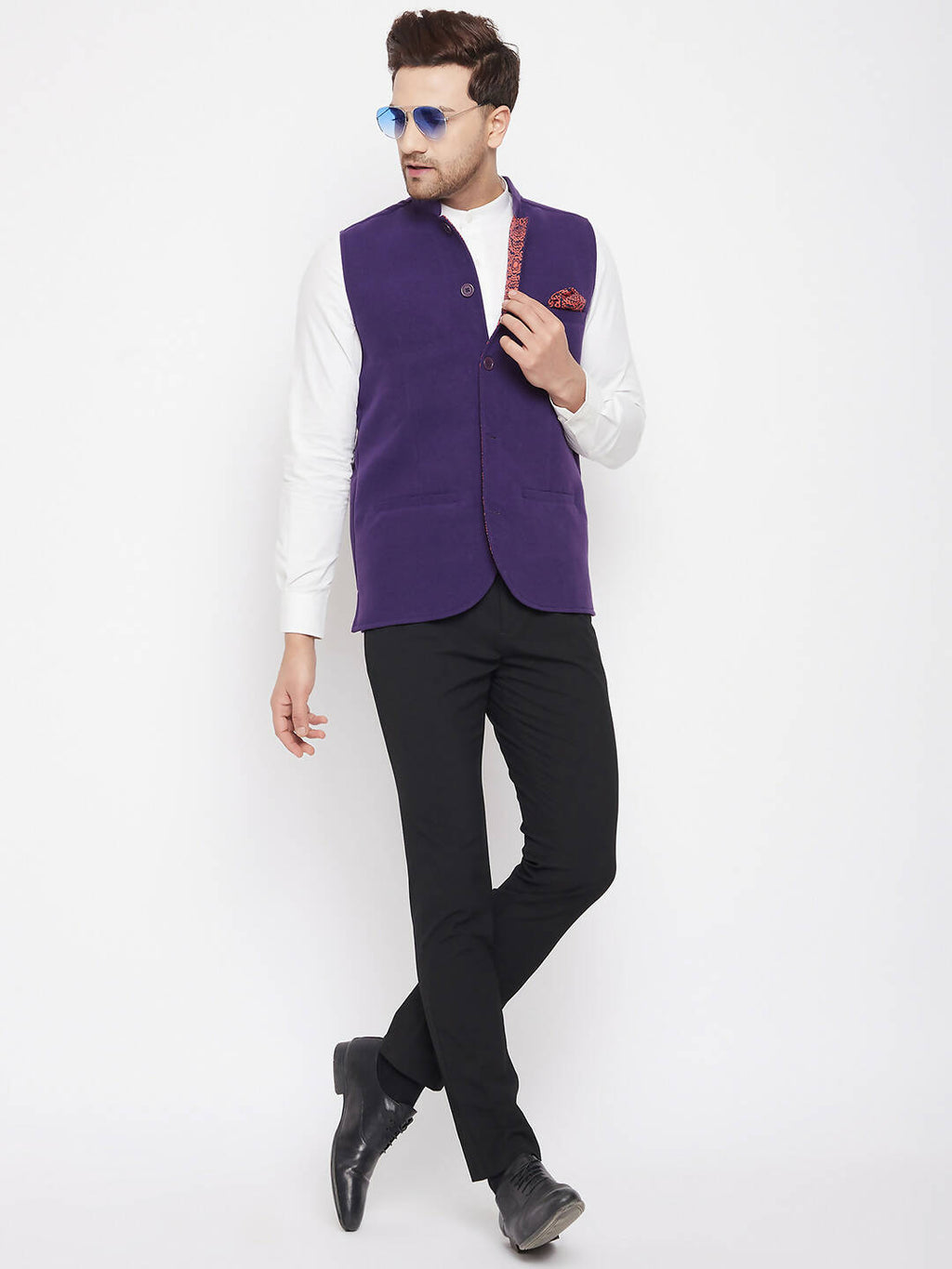 Even Apparels Purple Wool Men's Nehru Jacket-Contrast Lining-Inbuilt Pocket Square