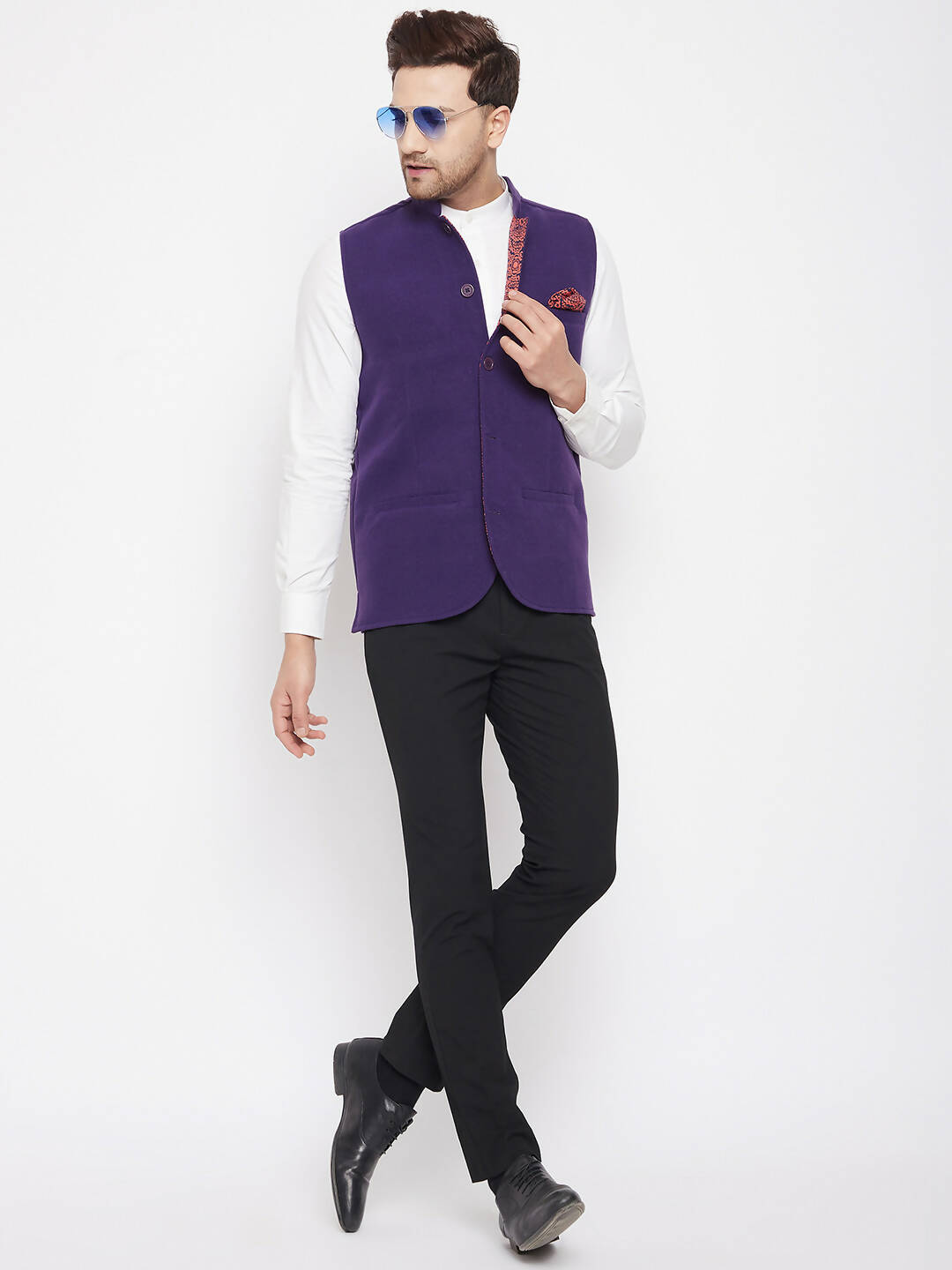 Even Apparels Purple Wool Men's Nehru Jacket-Contrast Lining-Inbuilt Pocket Square
