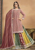 Chinnon Peach Multicolor Embroidered Lehenga Style Suit - Emponline