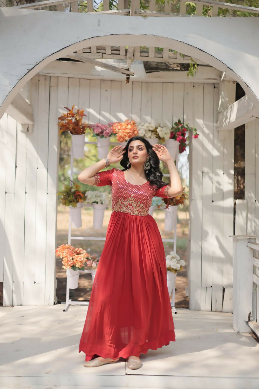 Vastranavya Faux Blooming with Embroidery Zari Sequins-work Gown - Orange