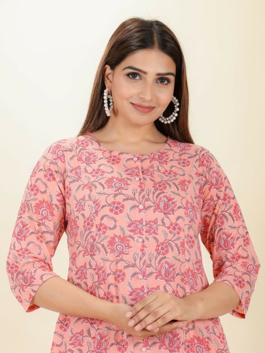 Aramya Pink Soft Cotton Floral A-line Kurta for Women