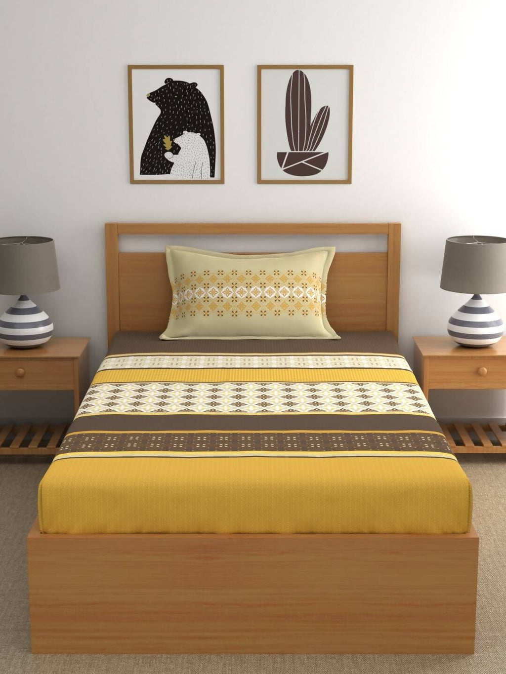 Home Ecstasy Mustard & Cream Ethnic Motifs 140TC Bedsheet With Pillow Covers