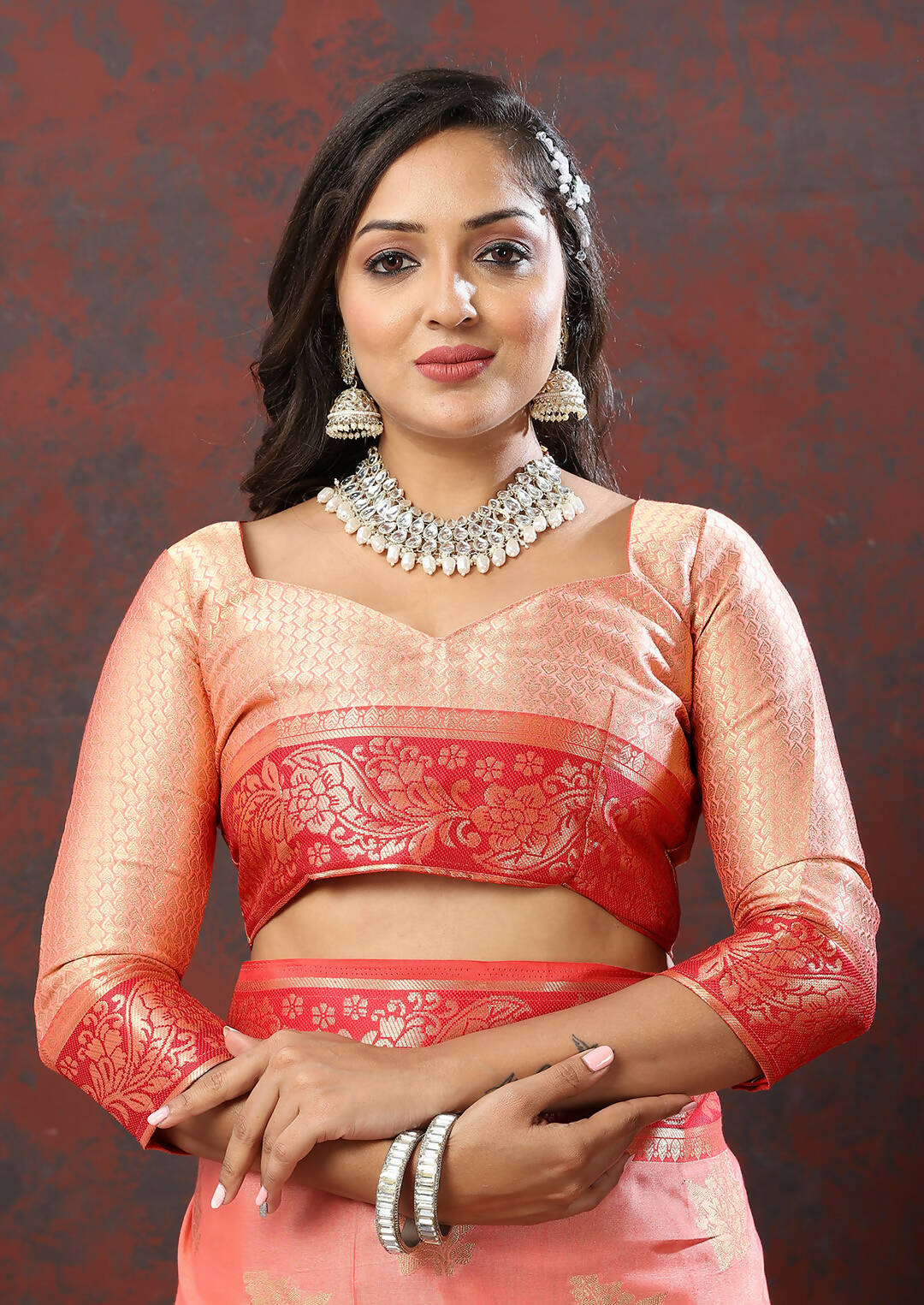 Lorenvalley Fashion Peach Cotton Woven Design with Zari Weaving Design Saree