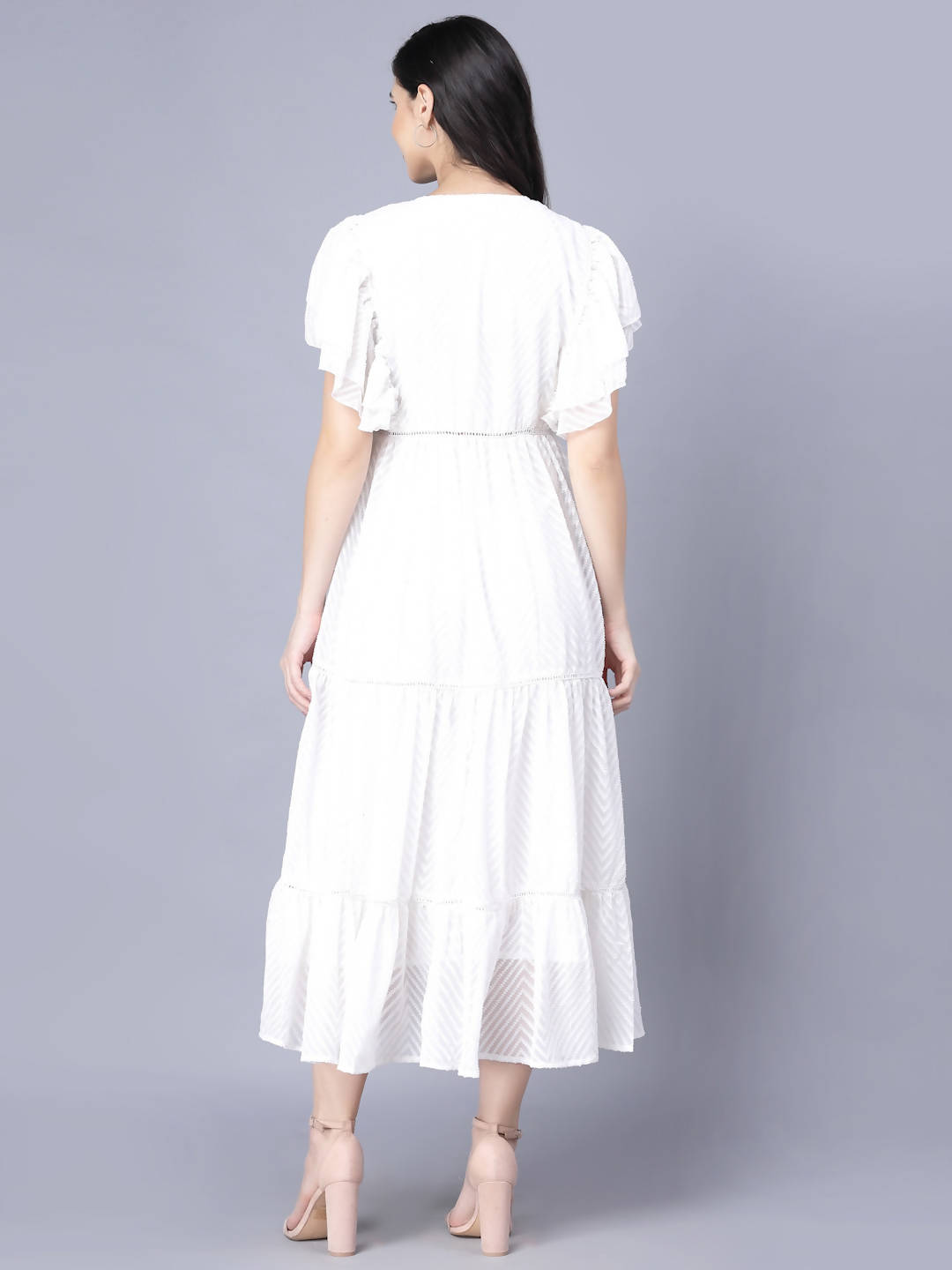 Myshka Georgette Solid Short Sleeve V Neck White Women Dress