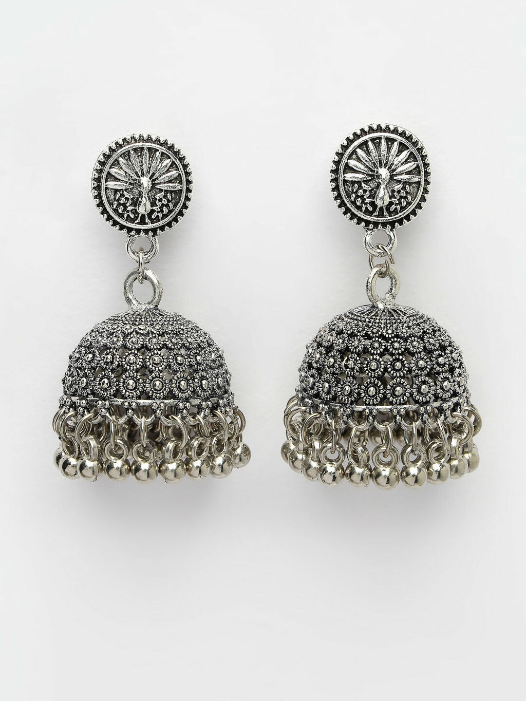NVR Women's Silver-Toned German Silver Oxidised Dome Shaped Jhumka Earrings