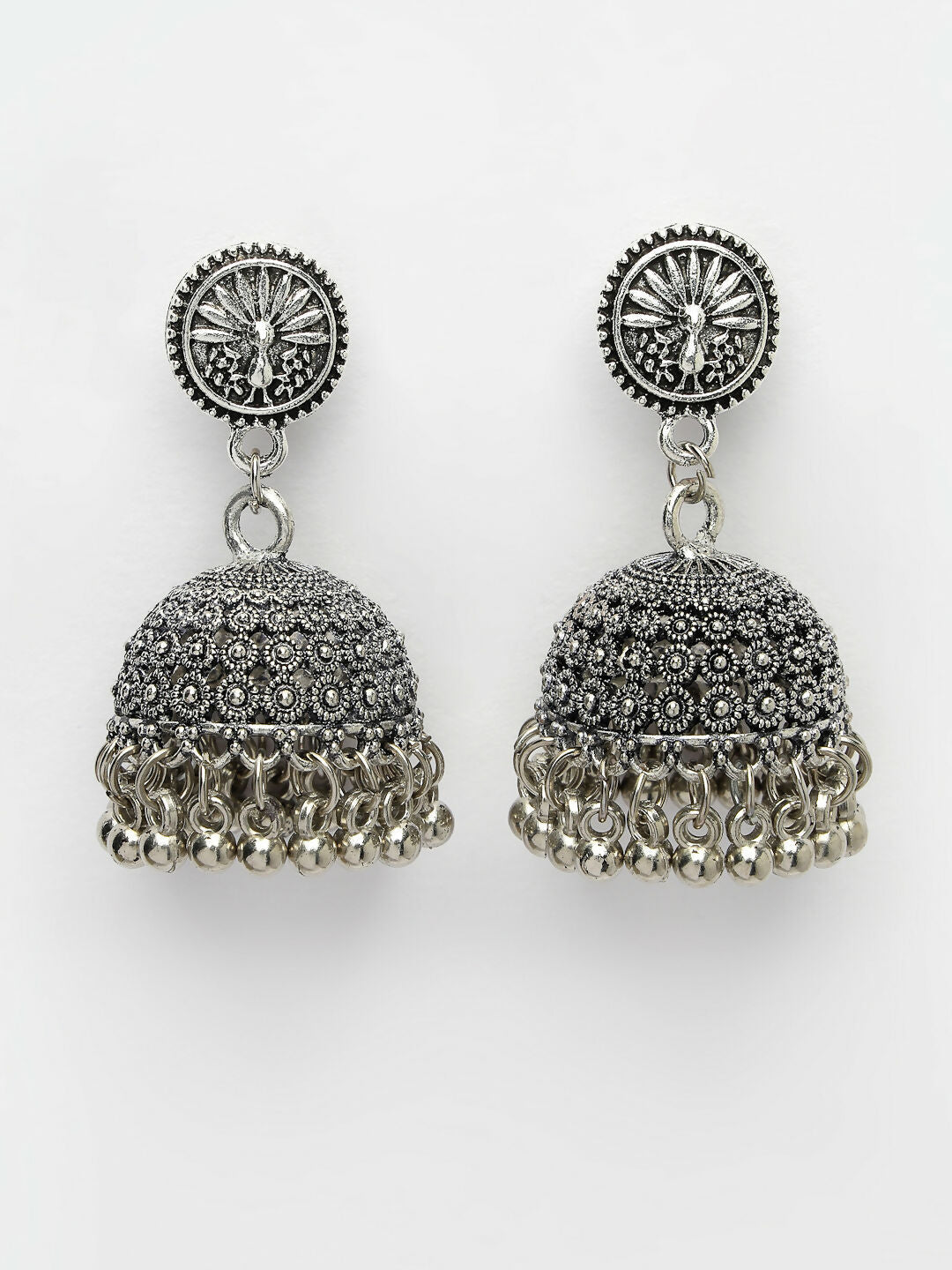 NVR Women's Silver-Toned German Silver Oxidised Dome Shaped Jhumka Earrings