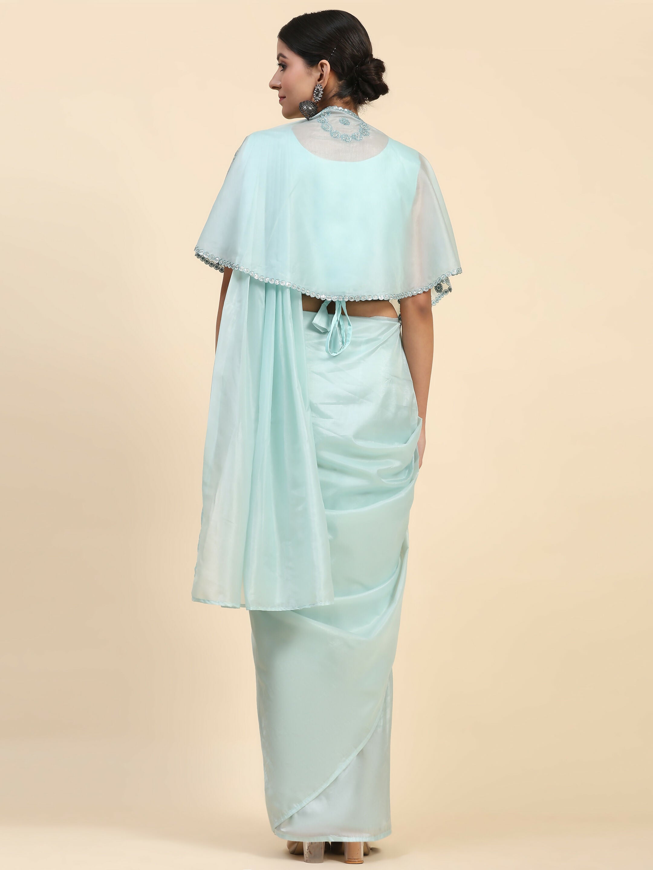 Blue Satin Solid Ready to wear Saree with stitched Blouse - Vanita