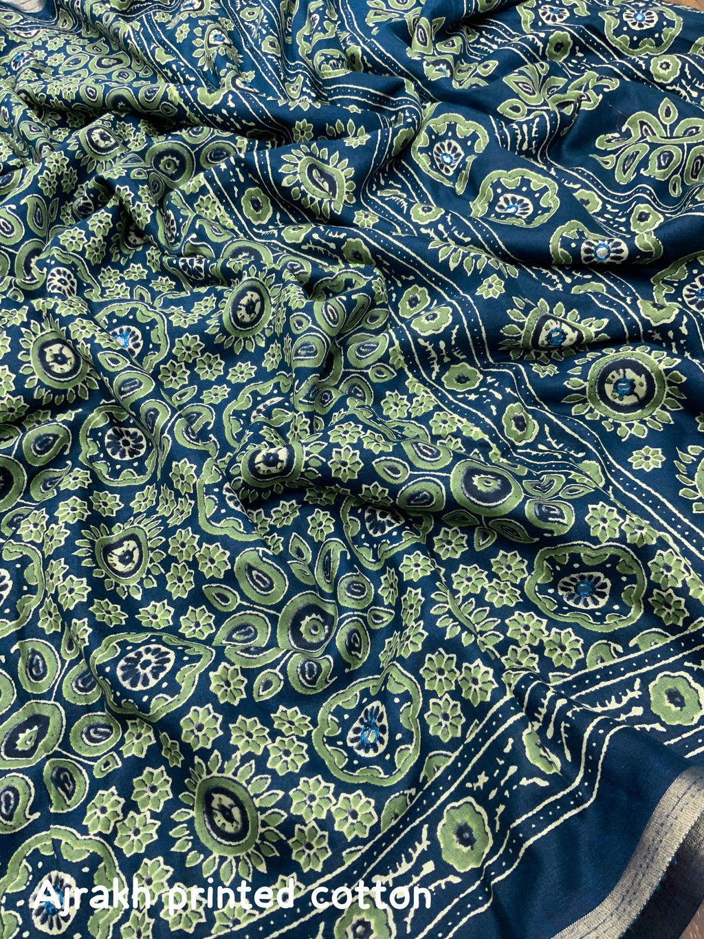 Blue Cotton Blend Ajrak Saree with Unstitched Blouse - Hiral Fashion