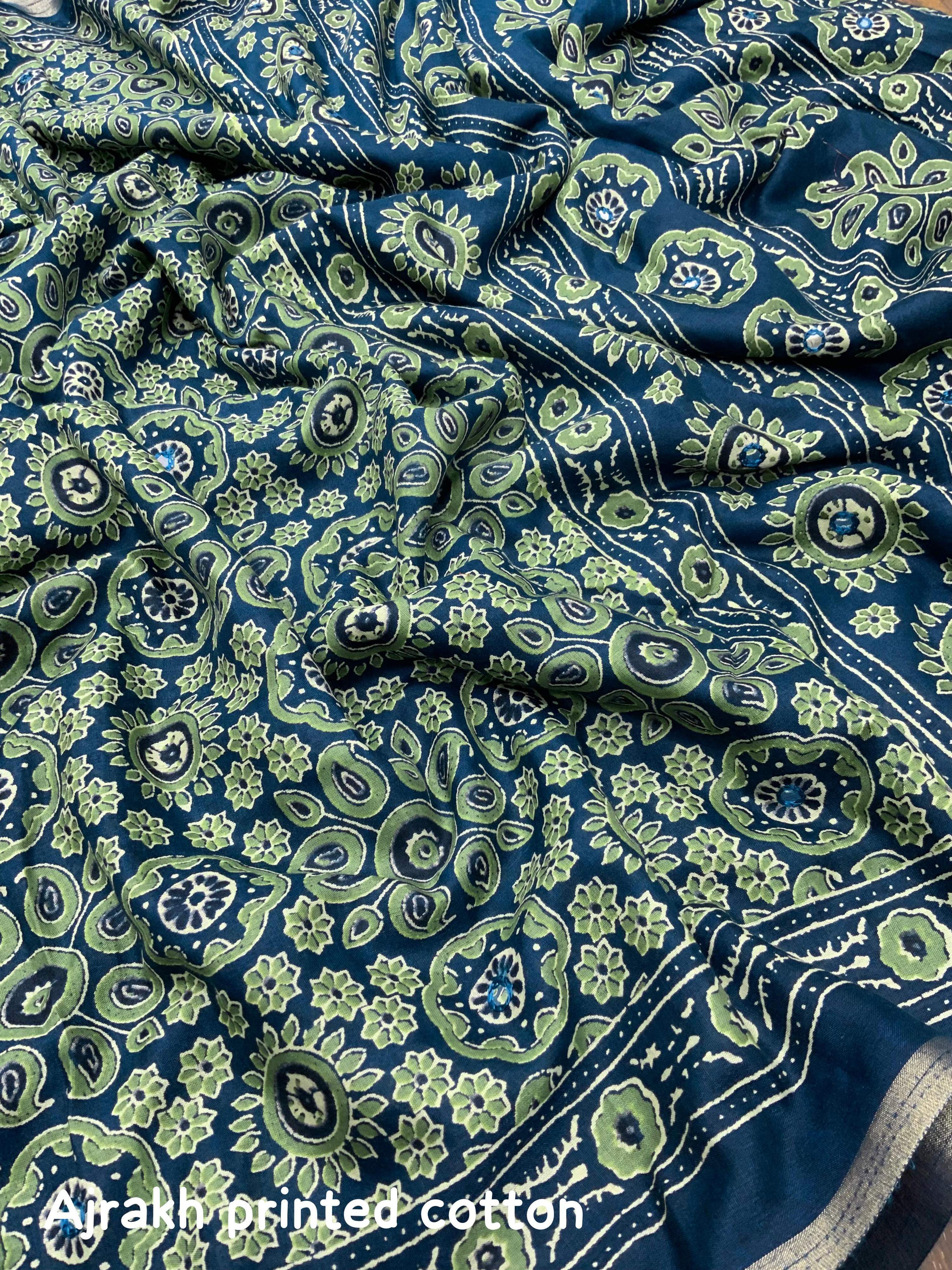 Blue Cotton Blend Ajrak Saree with Unstitched Blouse - Hiral Fashion