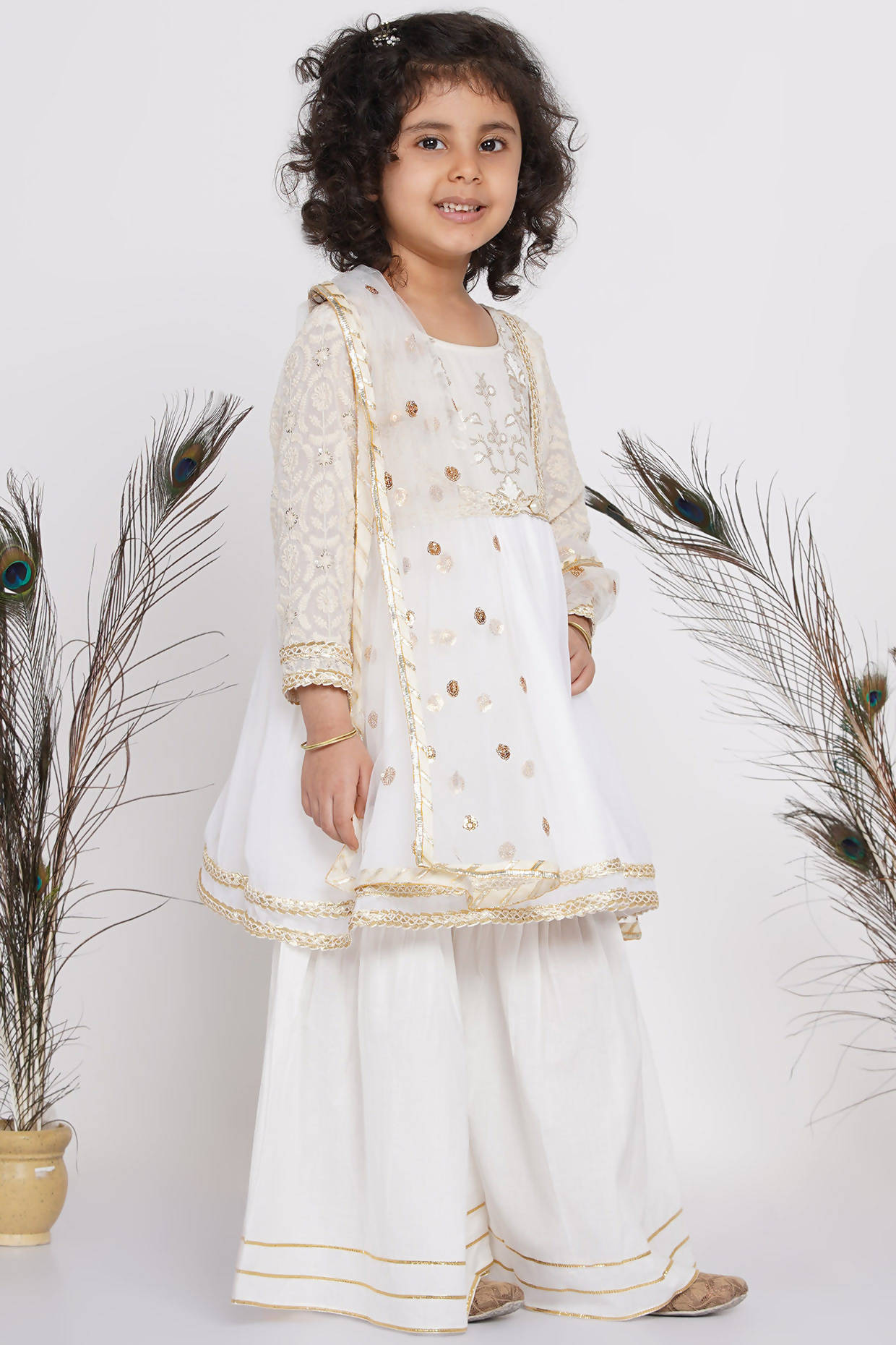 Little Bansi Girls Cotton Floral Embroidery Frock Kurta with Sharara & Dupatta - White