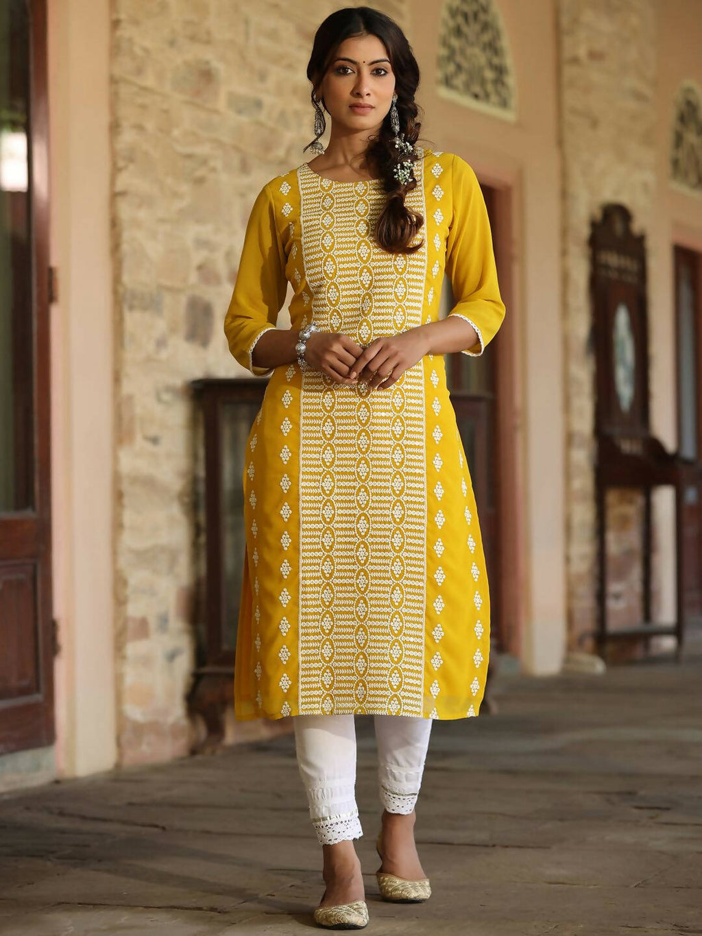 Juniper Women's Yellow Georgette Printed Kurta