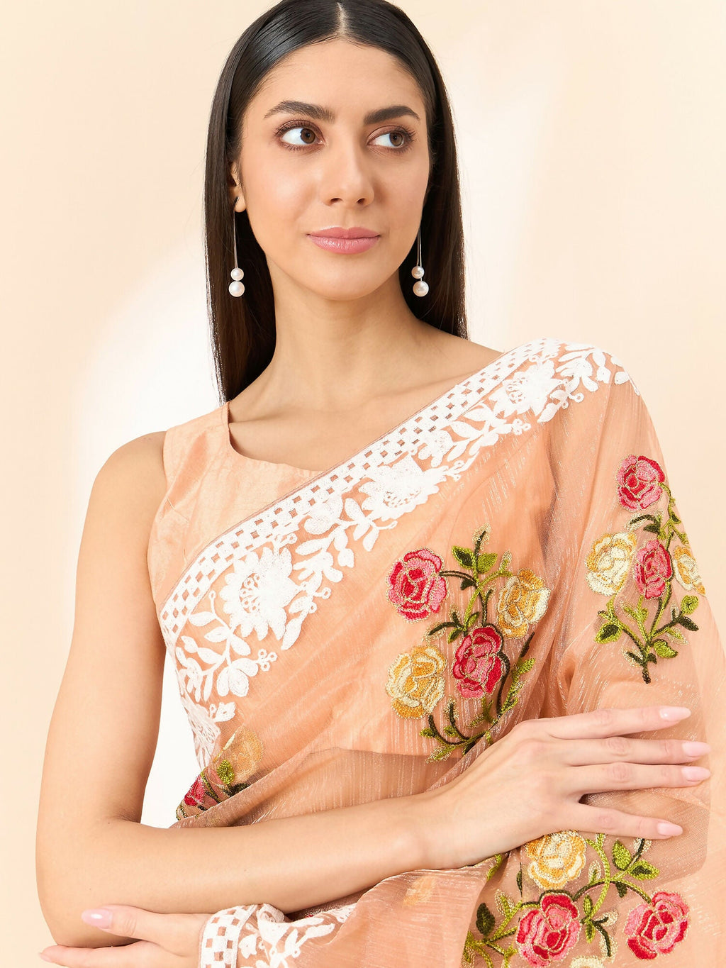 Peach Organza Floral Embroidered Saree with Unstitched Blouse Piece - Roozal