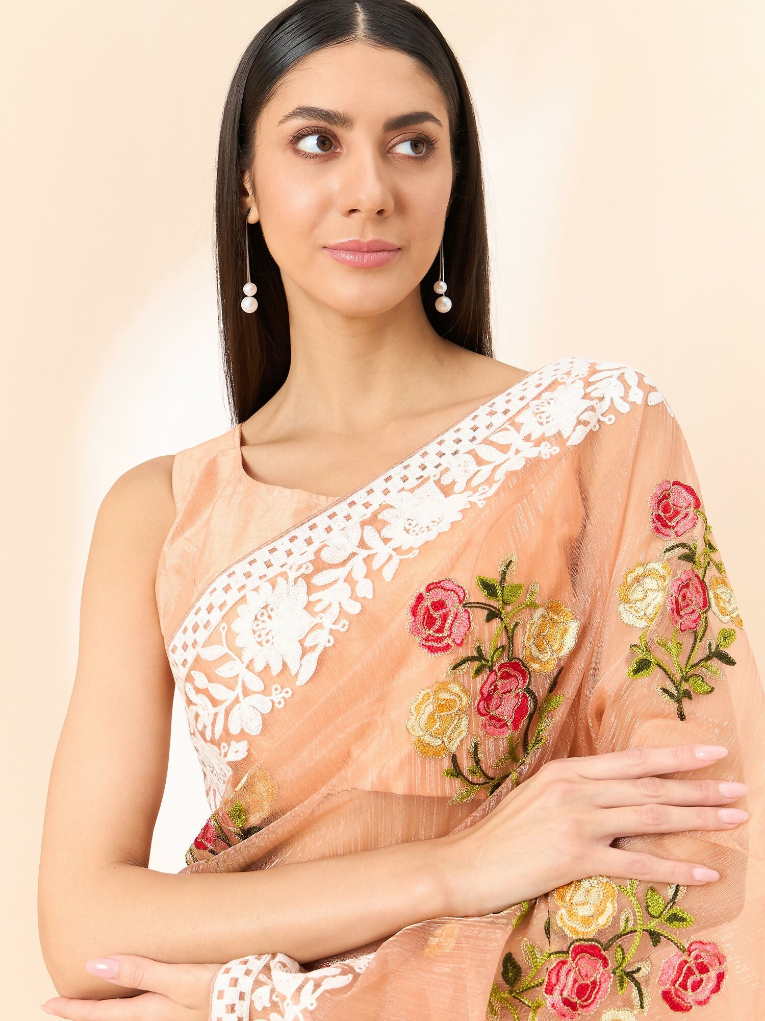 Peach Organza Floral Embroidered Saree with Unstitched Blouse Piece - Roozal