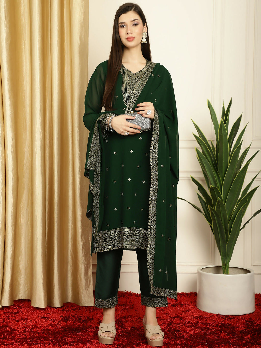 Jyoti Fashion Women's Green Georgette Resham Thread & Sequin Kurta with Trouser & Dupatta