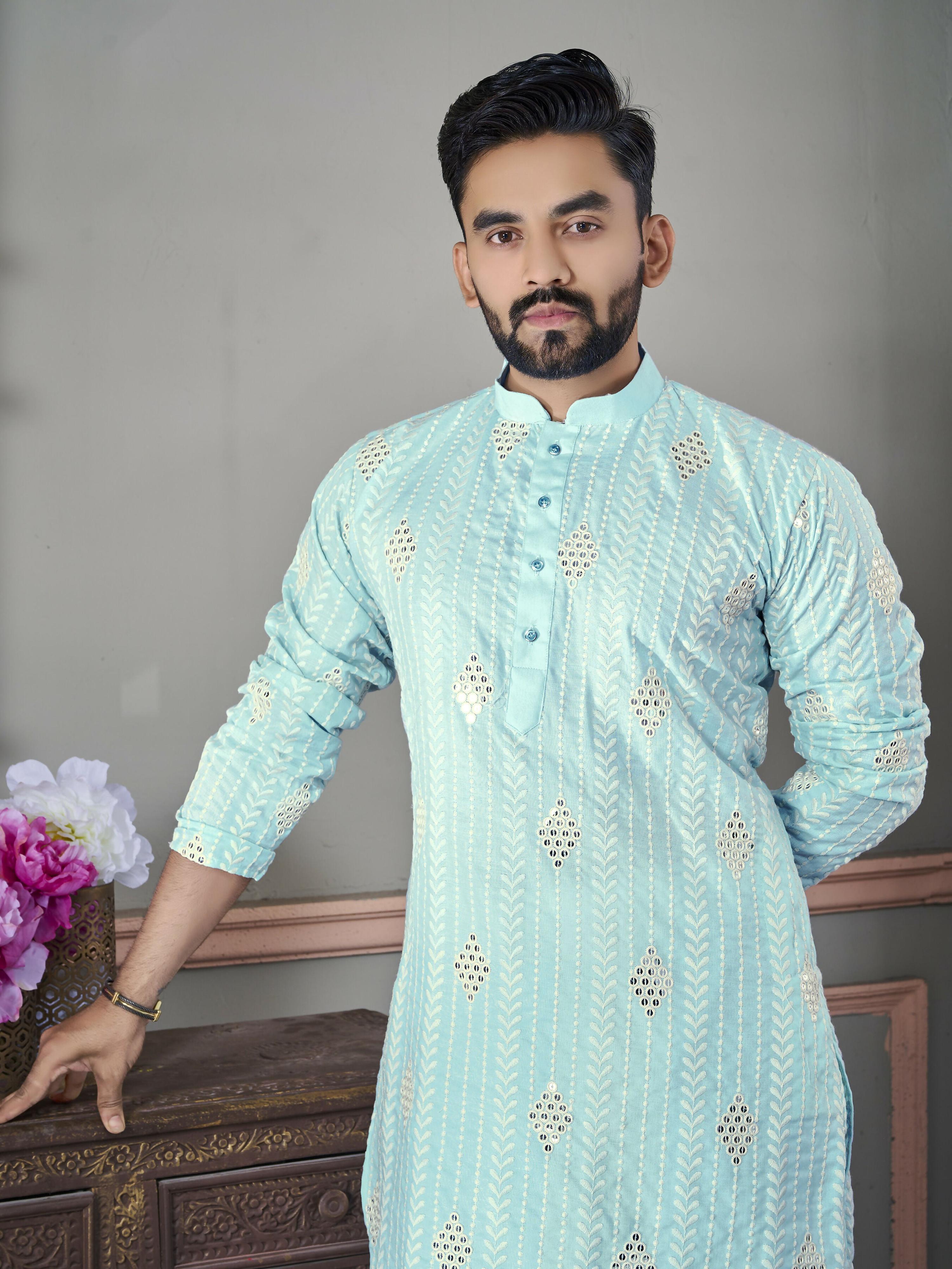 Men's Sky Blue Embroidered Designer Kurta Set by Infinity Export