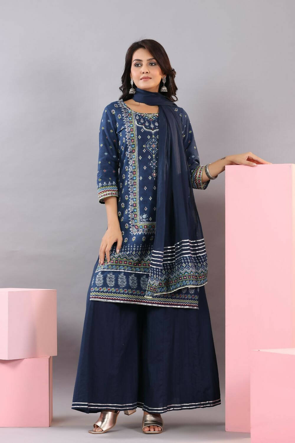 Juniper Women Indigo Cotton Cambric Printed Kurta, Palazzo and Dupatta Set