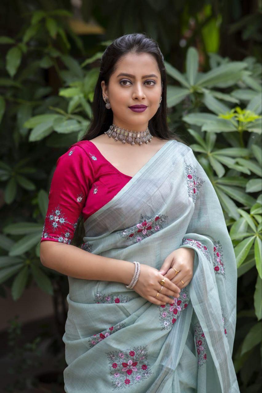 Pine Pure Linen Ethnic Motifs Saree with Unstitched Blouse - A2M
