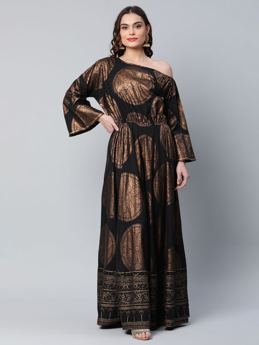 Ahalyaa Womens Black Crepe Copper Foil Printed Maxi Dress