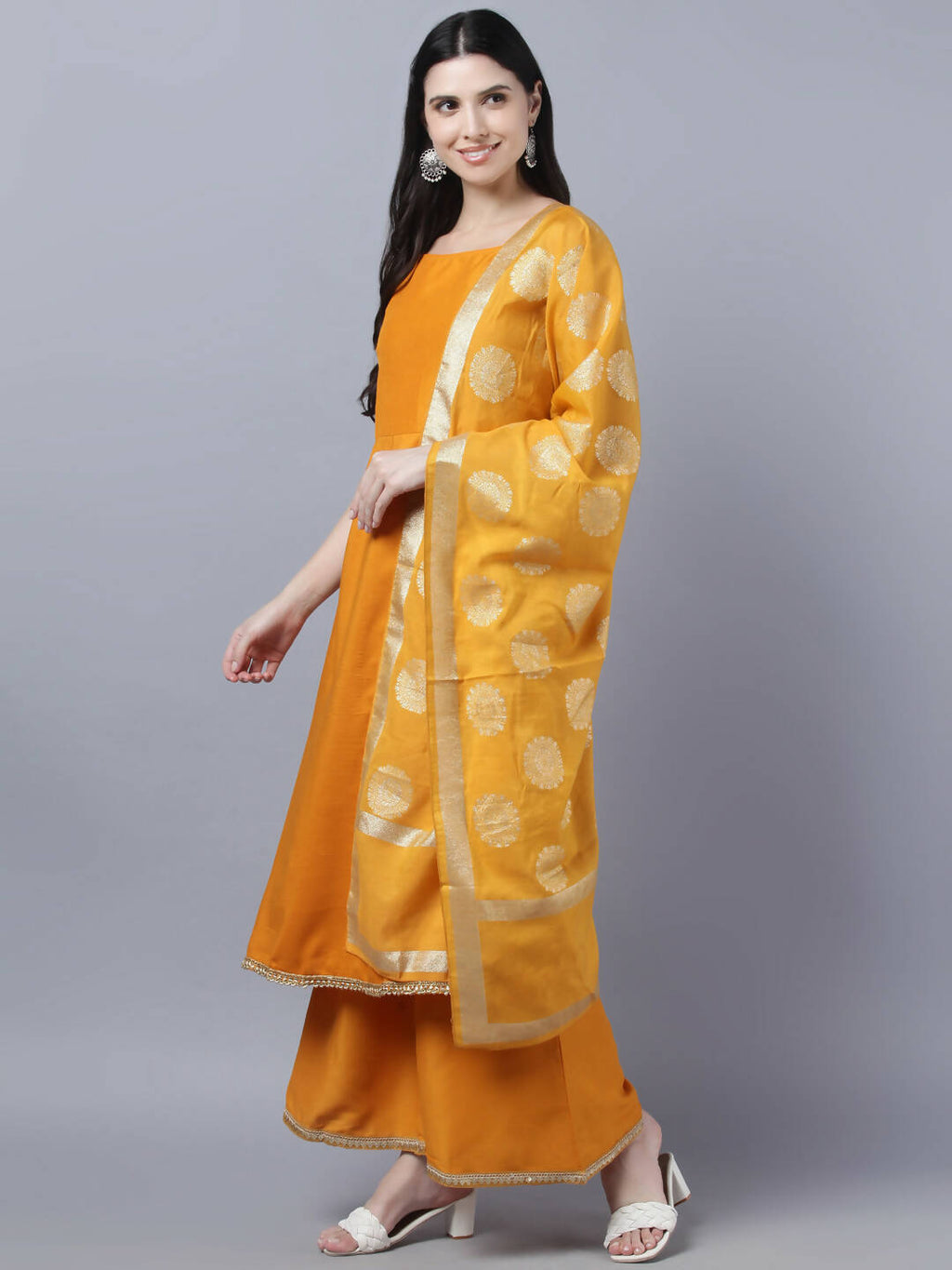 Myshka Women Yellow Panelled Kurta with Palazzos With Dupatta