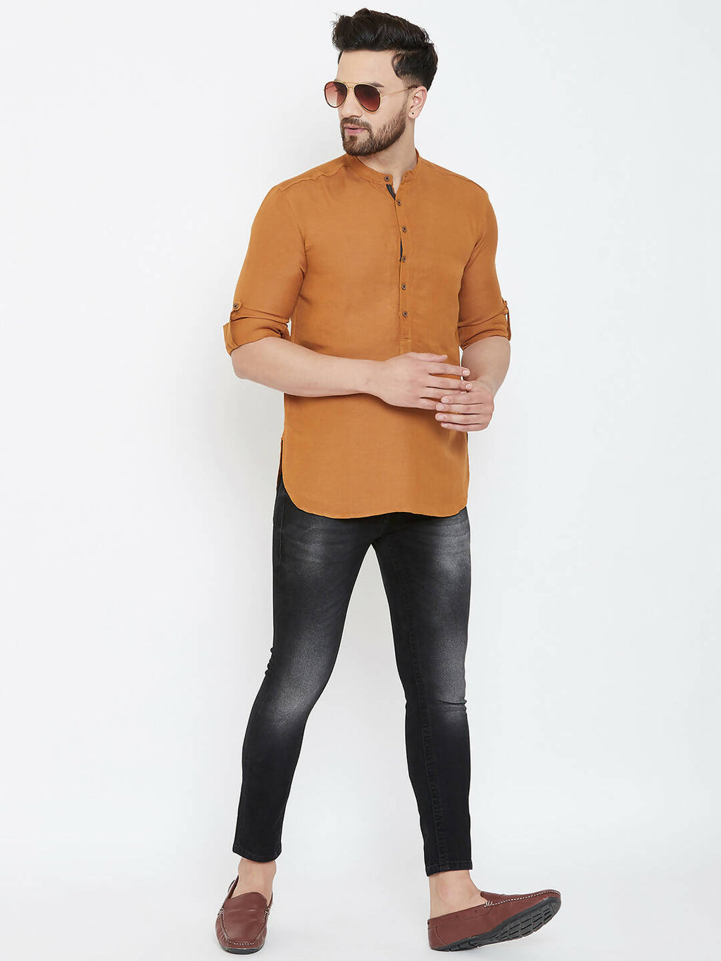 Even Apparels Brown Linen Men's Kurta With Band Collar
