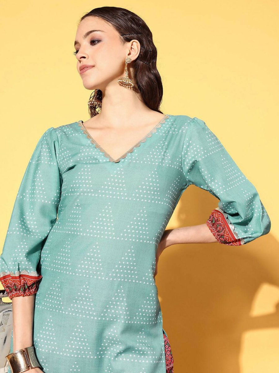 Ahalyaa Women's Teal Cotton Blend Digital Printed Kurta Pant Set