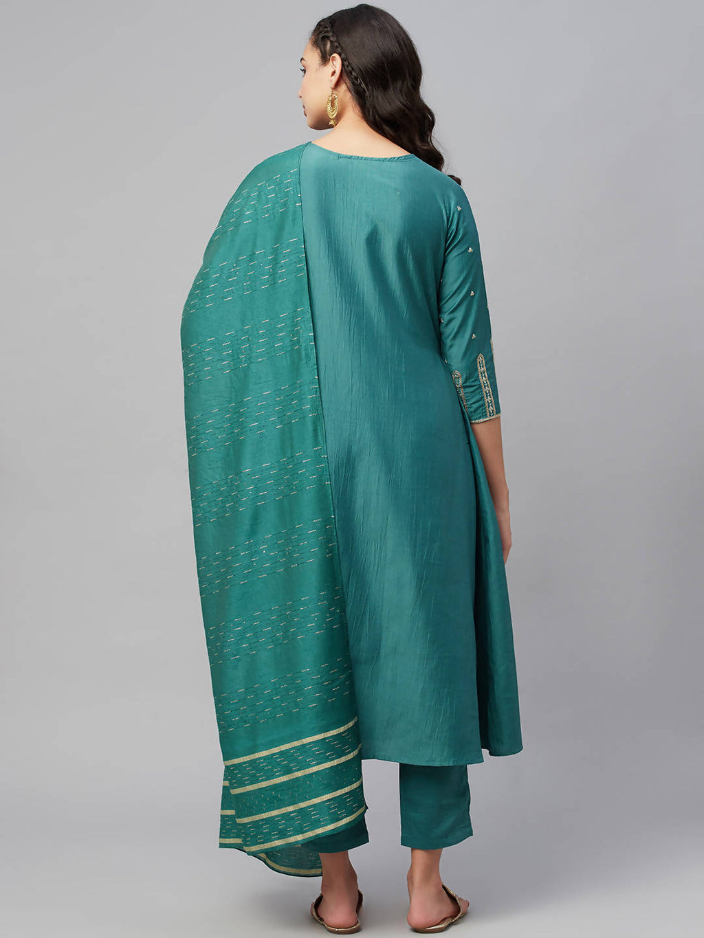 Myshka Dark Green Embroidered 3/4 Sleeve Round Neck Kurta Pant Dupatta Set