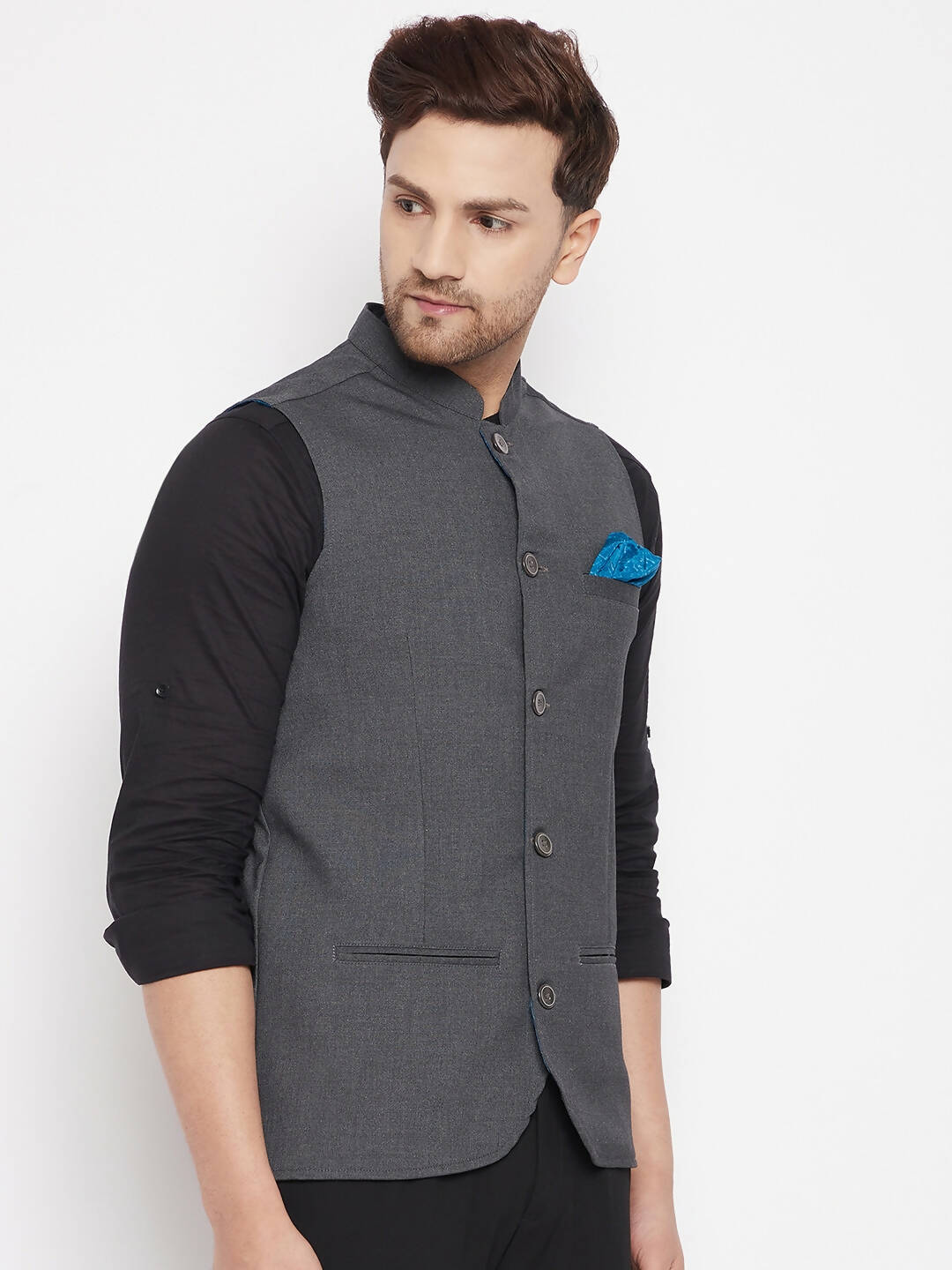 Even Apparels Grey Merino Men's Nehru Jacket-Contrast Lining-Free Pocket Square PW691