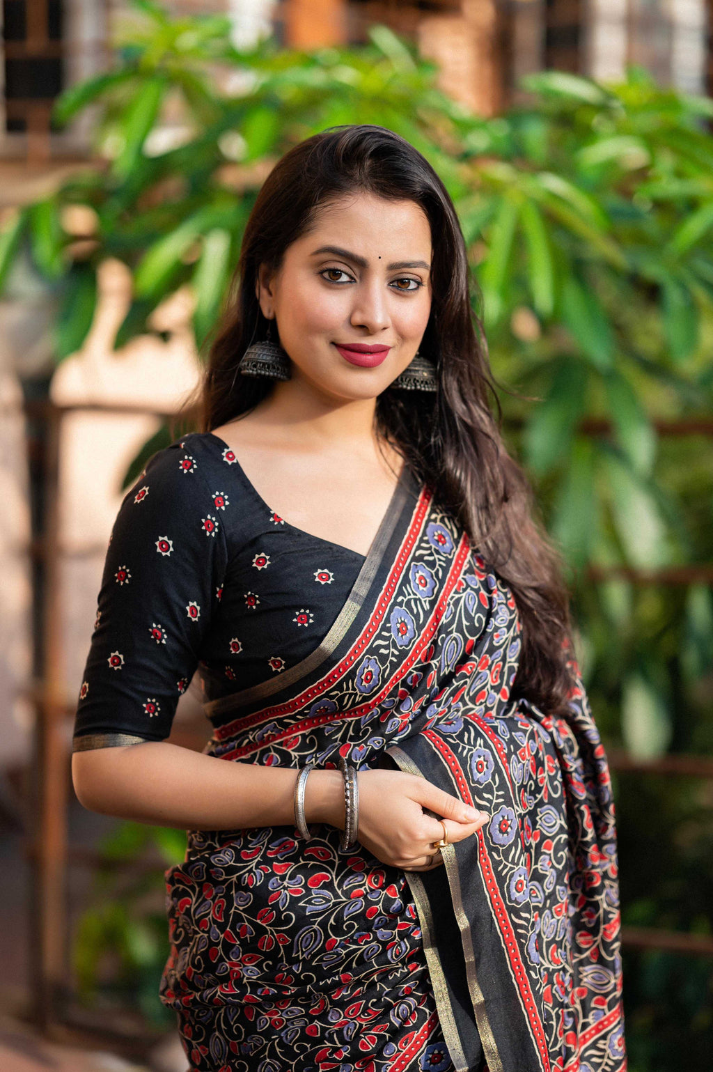 Black Cotton Blend Ajrak Saree with Unstitched Blouse - Hiral Fashion