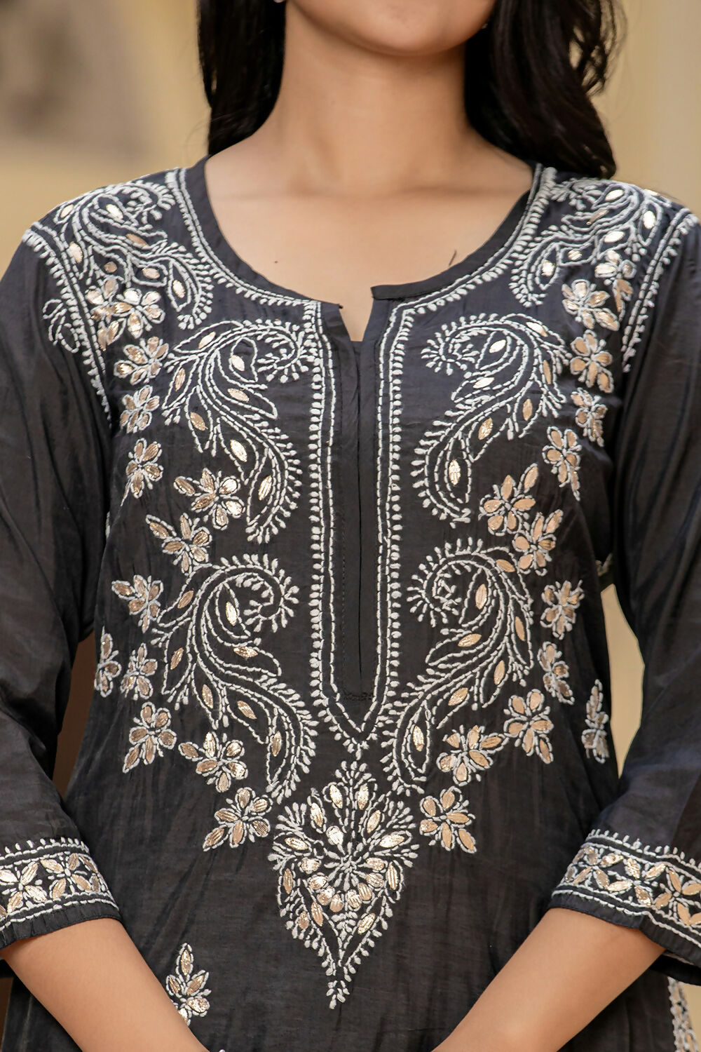 Kaajh Women's Black Chikhankari Embroidered Kurta Pant Set