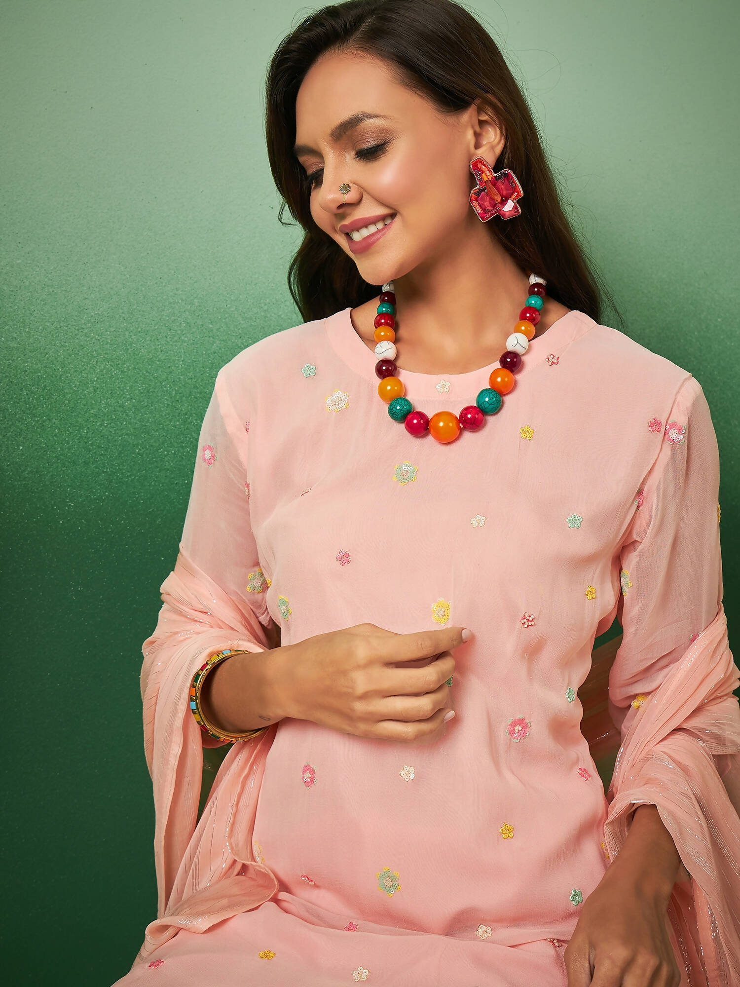 Peach Georgette Handwork Unstitched Dress Material - Hanika